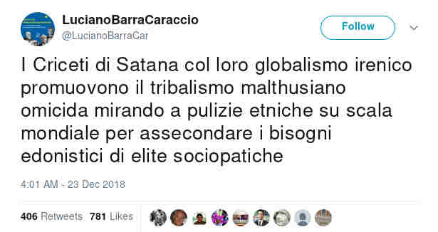 Con un altro post pigro auguro a tutti buone feste eccetera ok ora però guardate questo tweet di Luciano Barra Caracciolo aka sottosegretario al ministero degli affari europei in cui si parla di criceti satanici, di tribalismo malthusiano e delle solite pulizie etniche transnazionali sorosiane che Srebrenica levati proprio (via)