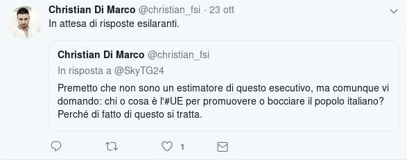 Christian Di Marco, “socio e militante del Fronte Sovranista Italiano (FSI)”, attacca l’UE con argomentazioni, vittimismo e lessico (“bocciare il popolo”?) che non ricordano assolutamente un punto di vista nazionalistico