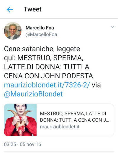 Cene sataniche, leggete qui: MESTRUO, SPERMA, LATTE DI DONNA: TUTTI A CENA CON JOHN PODESTA